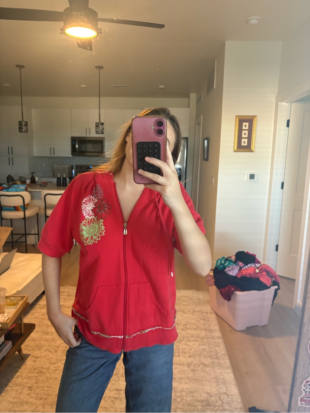 Red Short-Sleeve Zip-Front Hoodie with Floral Embroidery
